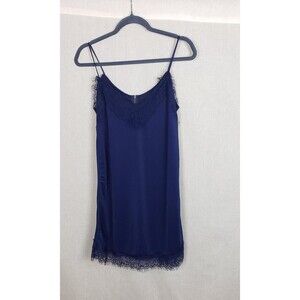 Slip Dress L Navy Blue Satin Lace Trim Feminine Sexy‎ Whimsigoth Dainty